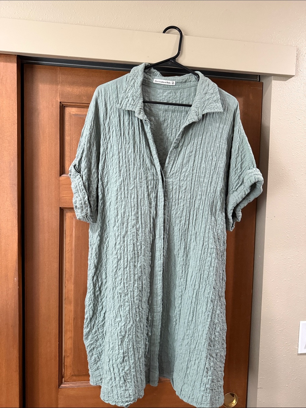 Abercrombie & Fitch Sage Green Crinkled Button-Down Shirt